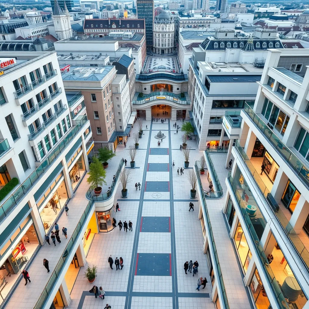 Aerial view of a modern shopping district in a European city