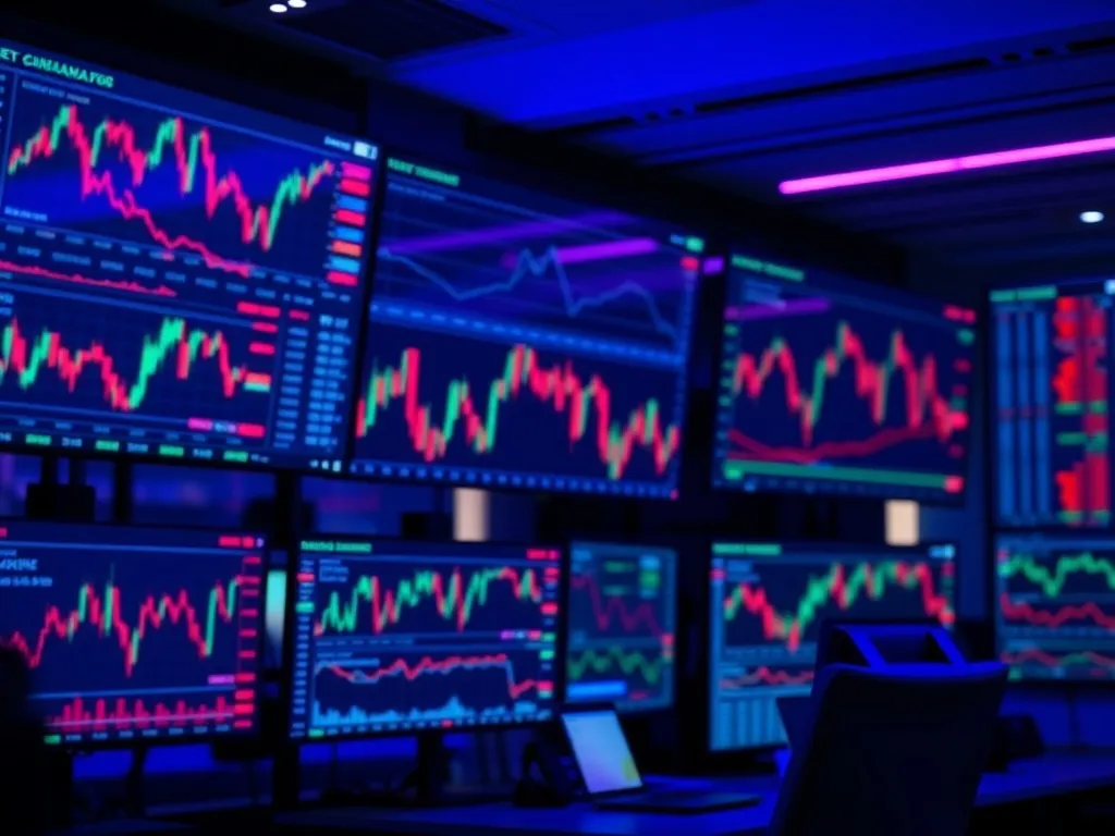 Professional stock market charts on multiple screens in a mo
