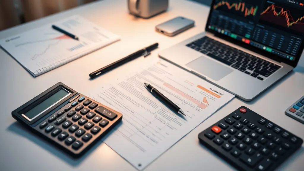 A professional office desk with a calculator, some financial